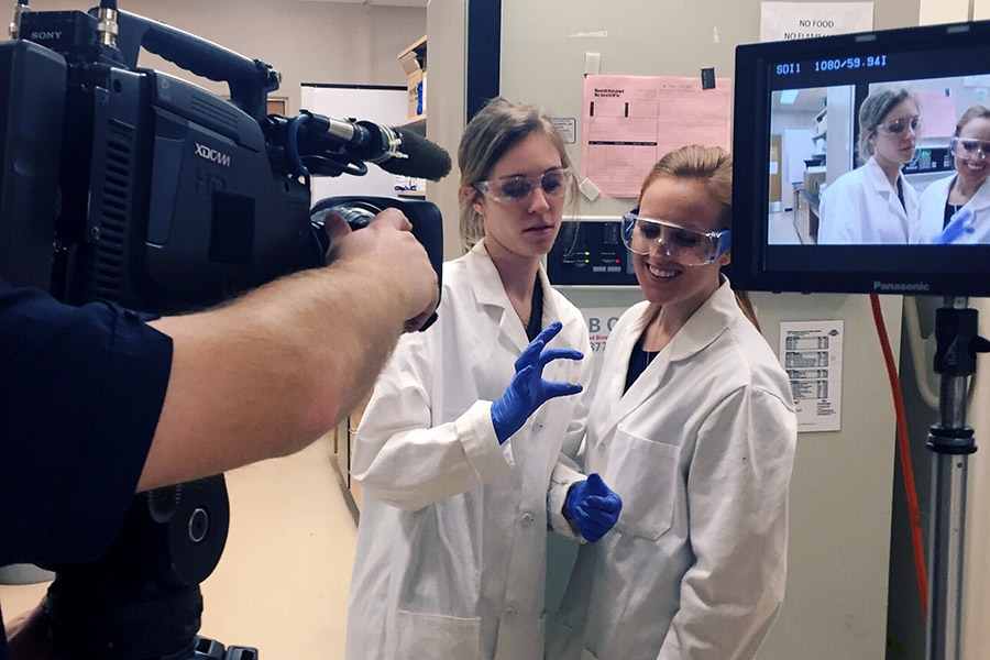 Samantha Becker, left, and Shannon Evanchec film a segment about their water purification system ahead of the live-televised finals of the InVenture Prize. Their team, TruePani, will compete with five other finalists for $20,000, a free patent filing, and a place in a Georgia Tech startup incubator at 7:30 p.m. Wednesday. (Photo: TruePani)