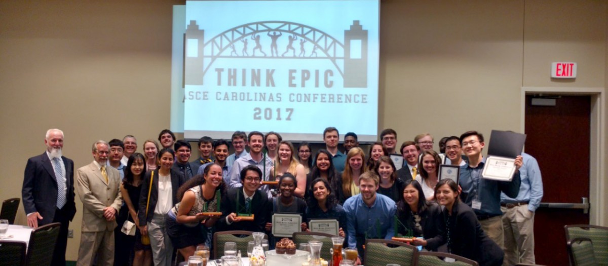 The Georgia Tech ASCE student chapter at the banquet for the 2017 Carolinas Regional Conference April 2. The chapter placed third overall at the annual event and won the steel bridge, transportation, and Mead paper competitions. (Courtesy: Georgia Tech ASCE)
