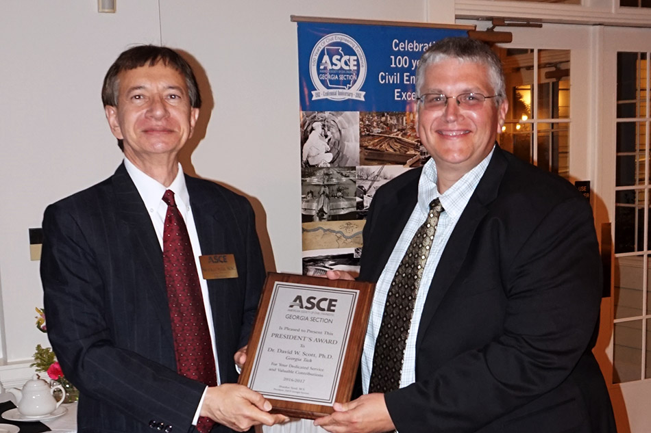 Associate Professor David Scott, right, accepts a President's Award from American Society of Civil Engineers Georgia Section President Shaukat Syed. (Photo Courtesy: John Pierson)