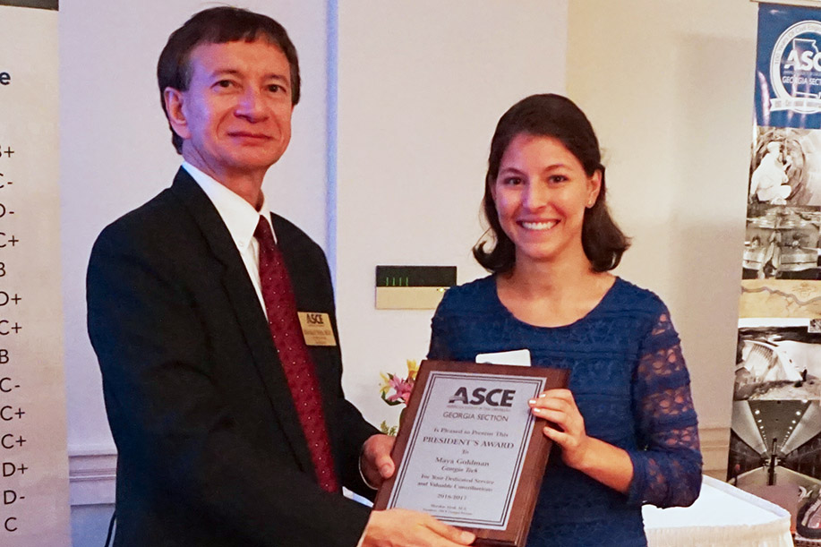 Maya Goldman, right, accepts a President's Award from American Society of Civil Engineers Georgia Section President Shaukat Syed. (Photo Courtesy: John Pierson)