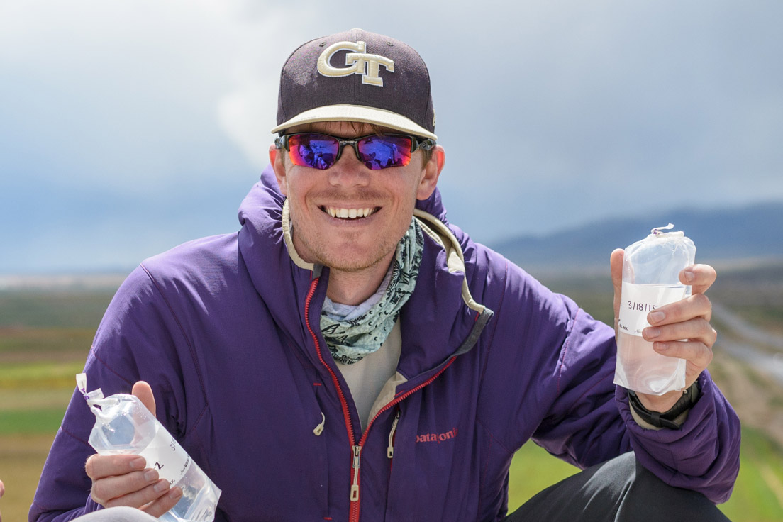 Third-year Ph.D. student Aaron Bivins with water samples in Bolivia. (Photo: Lorenzo Tolentino)