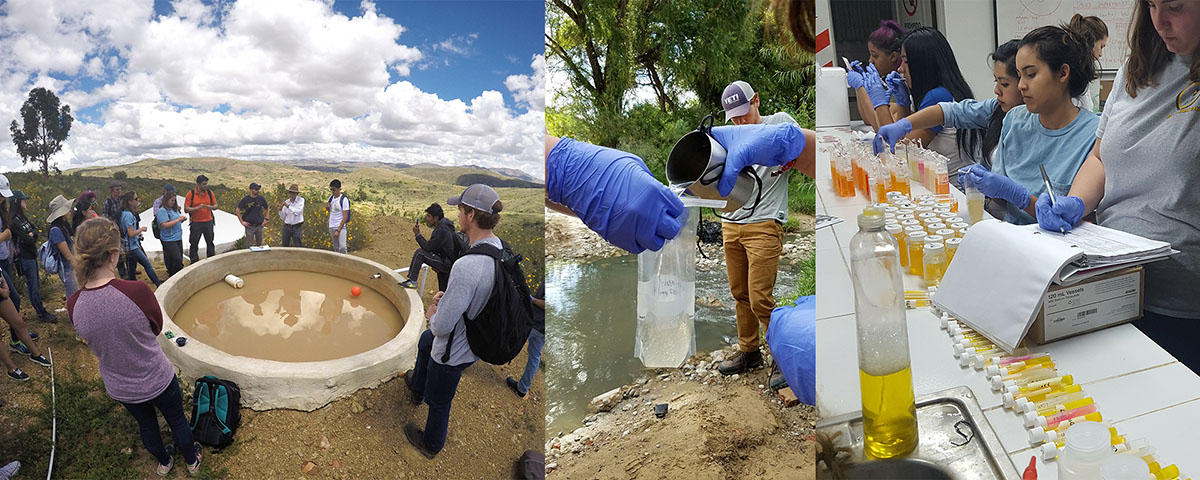 Left: A local engineer, Francisco Guardia Crespo, explains the basic water treatment plant he designed for a community about three hours outside of Cochabamba. This storage tank made up one step of the process. (Photo: Donald Smith) Center: At the Rocha River, Tech student Rachel Brashear holds a bag to collect a sample of water near the Cochabamba water treatment plant. (Rachel Brashear) Right: Students in the lab at the Catholic University of Bolivia read water samples, looking for the presence of coliforms. (Photo: Riley Poynter)