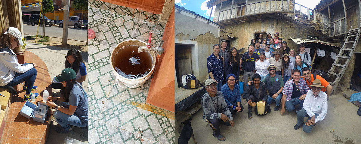 Left: Rhiannon Flanagan-Rosario, left, and Rebecca Yoo, front, of Georgia Tech, and Damaris Rios of the Catholic University of Bolivia, work outside one of the 80 households the team tested. (Photo: Riley Poynter) Center: An example of stored tap water at a home (Photo: Osvaldo Broesicke). Right: A local family welcomes the student researchers to their home, where they prepared a small thank-you meal for their guests. (Photo: Rachel Brashear)