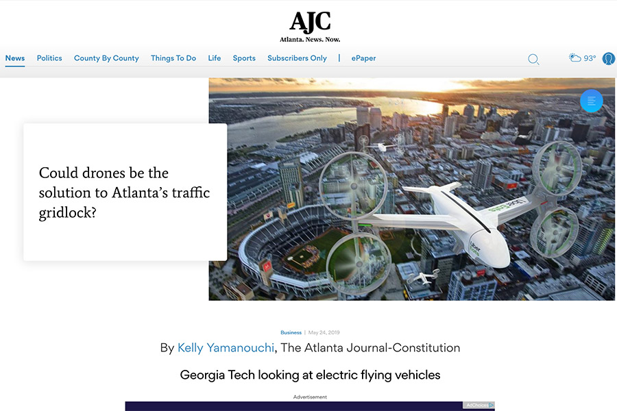 Screenshot of Atlanta Journal-Constitution story "Could drones be the solution to Atlanta's traffic gridlock?" including a rendering of a city with a four-propeller Uber Eats drone flying above.