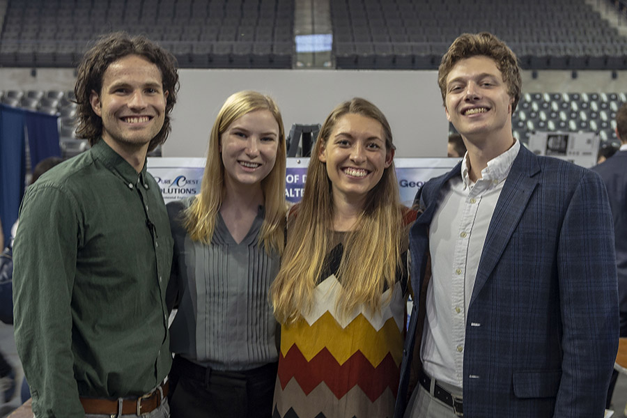 Top: From left, environmental engineering seniors Blake Lindner, Claire Anderson and Eleanor Thomas, and civil engineering senior Samuel Boyce at the spring 2019 Capstone Design Expo. (Photo: Amelia Neumeister)