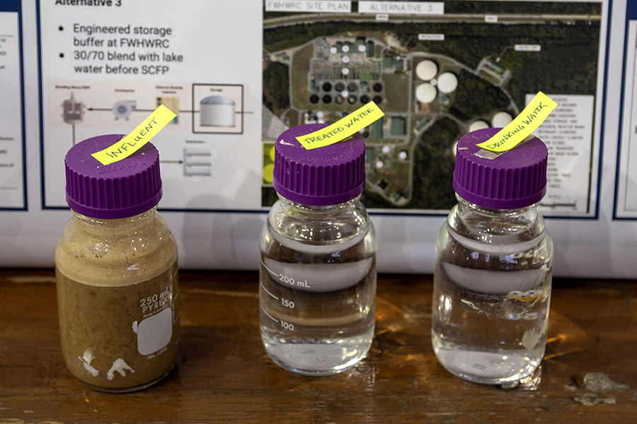 Bottom: Mock representations of raw wastewater, water treated to be released back into Lake Lanier, and drinking water. (Photo: Amelia Neumeister)