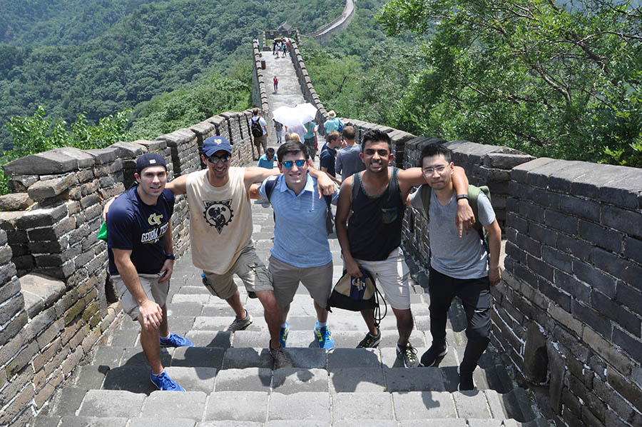 The International Disaster Reconnaissance Studies class on the Great Wall of China, one of their first stops during their two-week trip to China and Japan. From left, civil engineering master’s student Kieron McCarthy, undergrads Donald Smith and Ramiro Santana, industrial engineering undergrad Raghav Srinath, and civil engineering Ph.D. student Fangzhou “Albert” Liu. (Photo: David Frost)