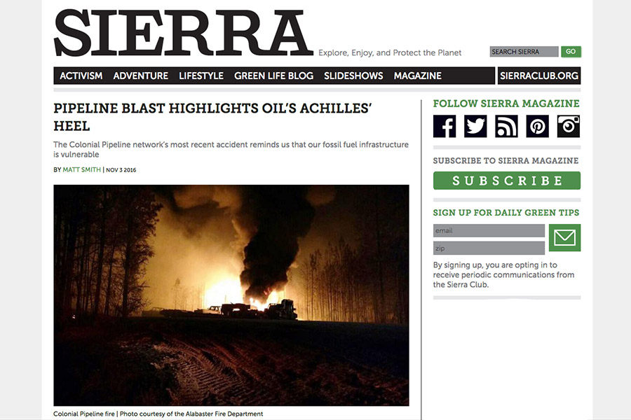Screenshot of a Sierra Magazine story about the impact of an explosion at a gas pipeline in Alabama.