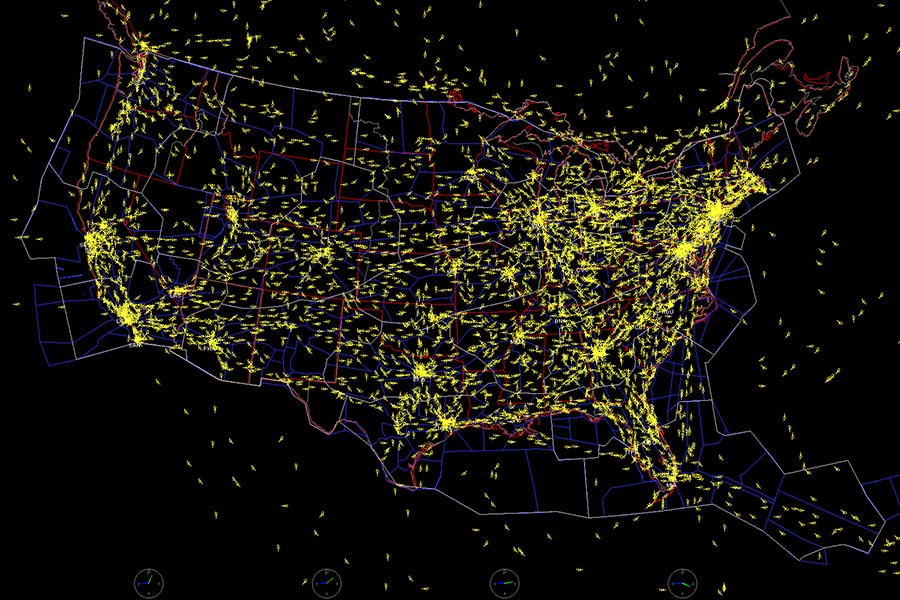 This image from software developed by NASA shows air traffic across the United States. Assistant Professor Sam Coogan has received funding from the U.S. Air Force to use new techniques to understand and manage how physical networks with interconnected components function. His work applies to all kinds of systems, like roads, airspace, water systems and factories. (Image Courtesy: NASA)