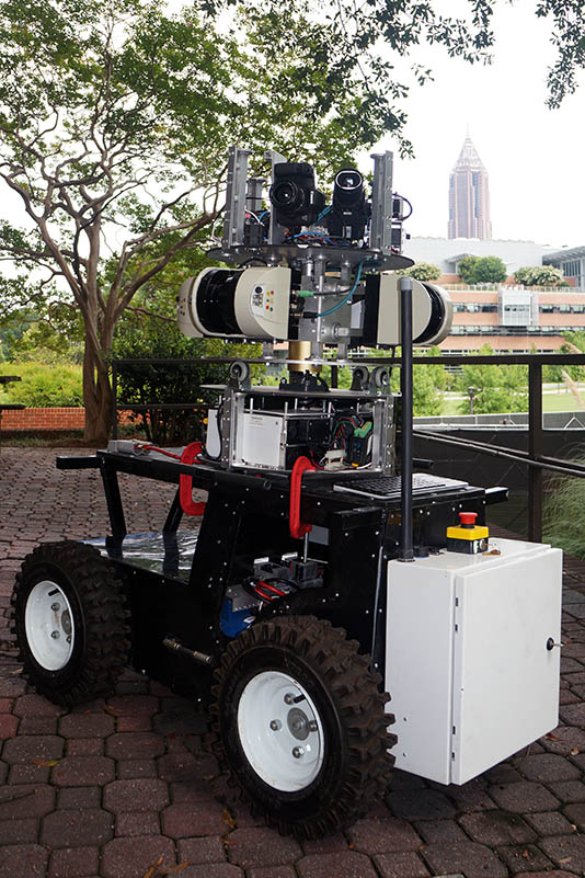 This mobile robot autonomously gathers as-built information for construction sites or existing buildings. Equipped with a laser scanner and thermal inspection system, the robot can generate a real-time 3-D point cloud map with thermal and RGB data of the job site. It’s one of two robots involved in Yong Cho’s new project equipping robots to work in nuclear power plants after disasters. (Photo: Yong Cho)