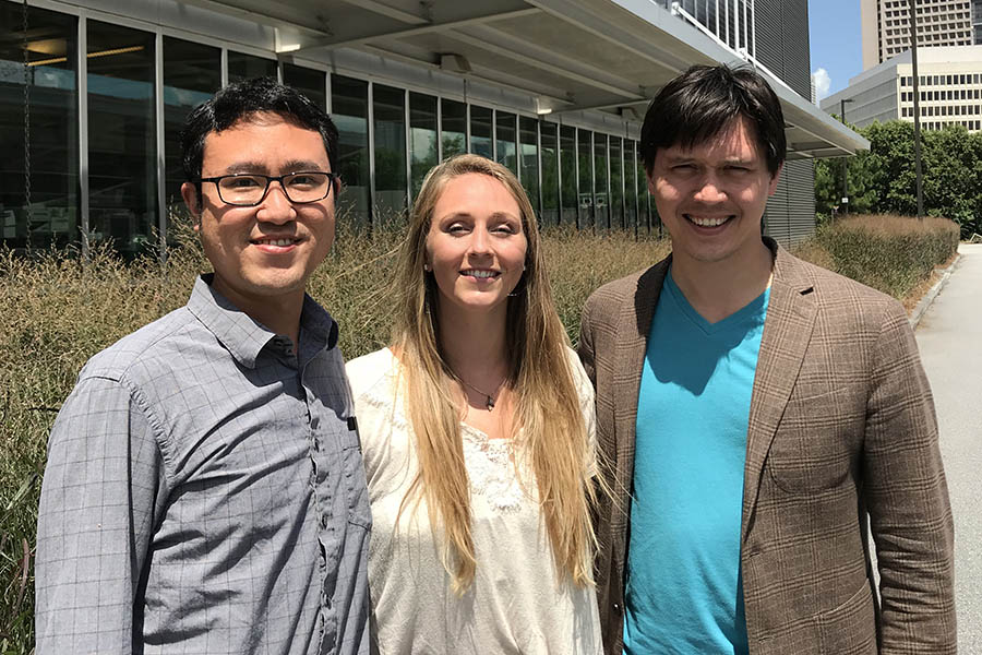 Environmental engineering senior Megan Haynes, center, with her mechanical engineering collaborators Andrey Gunawan, left, and Shannon Yee. Haynes has been doing research on desalination that recently won her second place in an American Society of Mechanical Engineers paper competition. (Photo Courtesy: Megan Haynes)