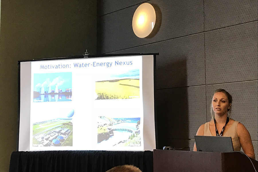 Megan Haynes presents her paper, "Techno-Economic Comparison between Conventional and Innovative Combined Solar Thermal Power and Desalination Methods for Cogeneration," at the 2018 American Society of Mechanical Engineers Power & Energy Conference. Haynes is an environmental engineering undergraduate who has been working with mechanical engineers Andrey Gunawan and Shannon Yee. Her work won second place among all the student researchers at the conference. (Photo: Andrey Gunawan)