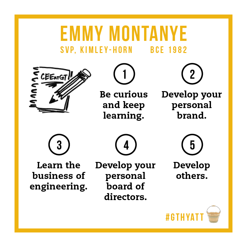 Emmy Montanye's five buckets: 1. Be curious and keep learning. 2. Develop your personal brand. 3. Learn the business of engineering. 4. Develop your personal board of directors. 5. Develop others.