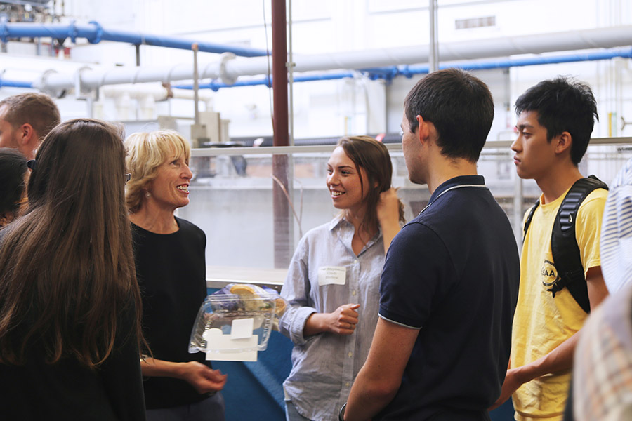 Emmy Montanye talks with students at a lunch reception after she delivered the fall 2016 Hyatt Distinguished Alumni Leadership Lecture. Montanye, a 1982 graduate of the School of Civil and Environmental Engineering, works as a senior vice president at civil engineering firm Kimley-Horn and Associates. As she says, "I design sewers." (Photo by Jess Hunt-Ralston)