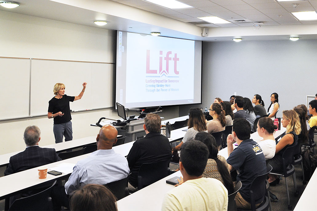 In the fall 2016 Hyatt Distinguished Alumni Leadership Lecture, Emmy Montanye, BCE 1982, offered five essential skills for young engineers to develop as they pursue their careers: Be curious and keeping learning, develop your personal brand, learn the business of engineering, develop your personal board of directors, develop others. (Photo: Jess Hunt-Ralston)