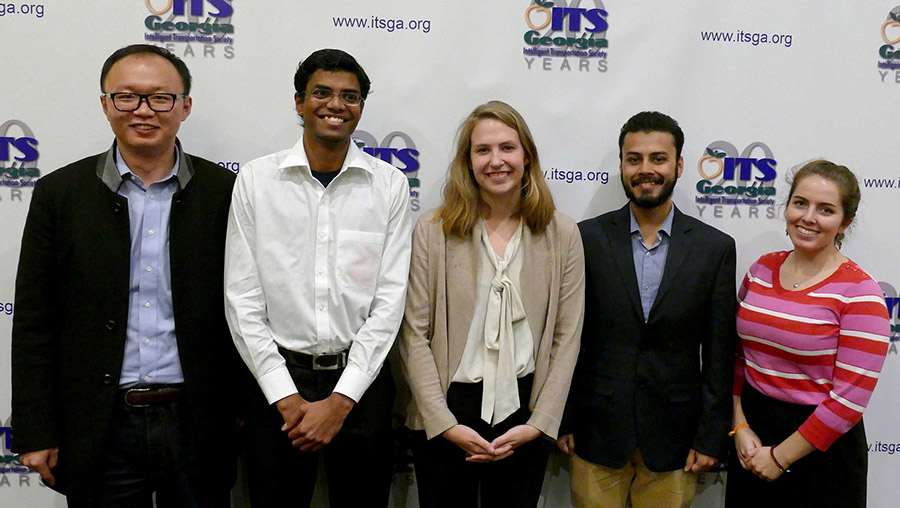 Five School of Civil and Environmental Engineering students have won Wayne Shackelford Scholarships from the Intelligent Transportation Society Georgia chapter. From left, Haobing Liu, Cibi Pranav, Lauren Gardner, Anirban Chatterjee and Zoe Turner-Yovanovitch each had to suggest smart technologies governments could use to improve urban mobility. (Photo Courtesy: ITS Georgia)