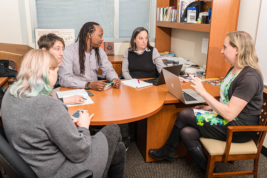 A group of Georgia Tech researchers discuss their National Science Foundation grant to understand what keeps LGBTQ+ people away from, or perhaps hidden in, engineering disciplines. Graduate student Kera Allen and faculty members Chloé Arson, Manu Platt, Anne Pollock and Jennifer Hasler started with an Inclusivity in Engineering conference in early March to lay the groundwork for their work. (Photo: Gary Meek)