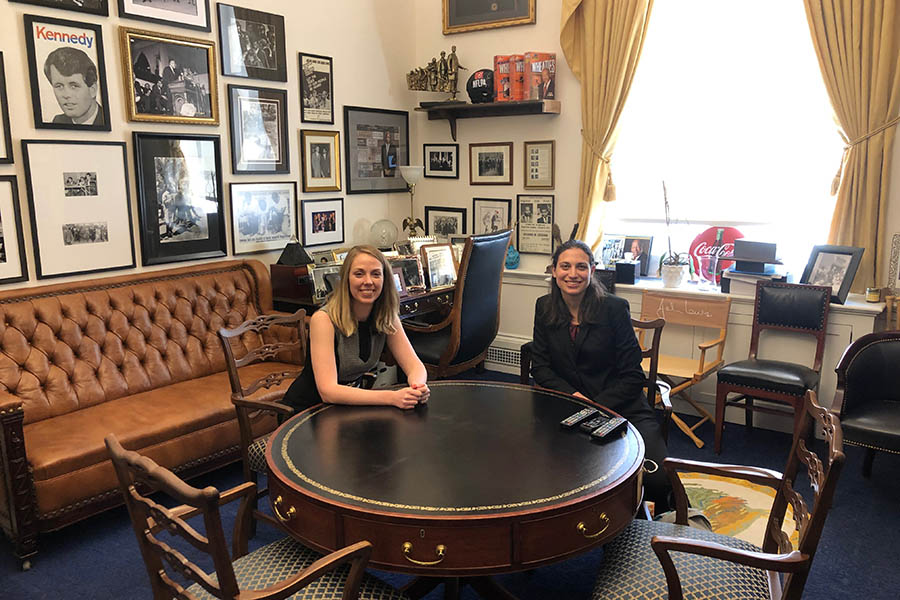 Environmental engineering Ph.D. student Laura Mast, left, and math Ph.D. student Samantha Petti visit Georgia congressman John Lewis' office. They were unable to meet with Lewis, but they did have conversations with staffers from several Georgia representatives' offices during the Catalyzing Advocacy for Scientists and Engineers Workshop, a three-day crash course in federal policymaking and science advocacy. Mast and Petti were the only two students from Georgia Tech who attended. (Photo: Robert Knotts)