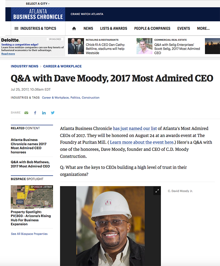 Q&A with Dave Moody, 2017 Most Admired CEO in the Atlanta Business Chronicle. Webpage screenshot.