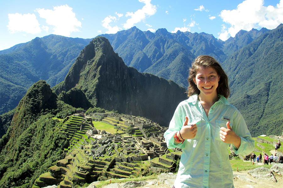 Georgia Tech senior Maya Goldman at Machu Picchu in Peru. The structure behind her shows how Inca engineers used terraces as retaining walls. "Being in Machu Picchu inspired me like no other place on Earth to continue my study of civil engineering," Goldman said, "to follow in the footsteps of those before me, and to build a future based on sharing knowledge and closely observing environmental processes, just like Incan engineers." (Photo Courtesy: Maya Goldman)