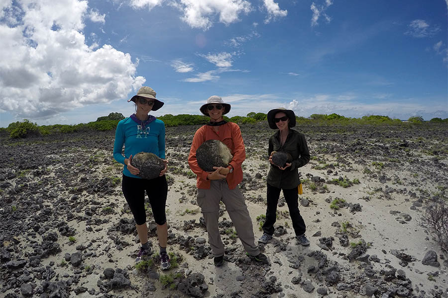 Professor Kim Cobb, Ph.D. student Pamela Grothe and environmental engineering senior Shellby Miller on Kiritimati Island in March 2016. (Photo: Alyssa Atwood)