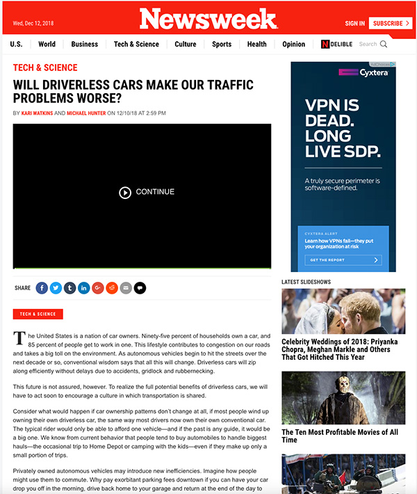 Screenshot of Newsweek essay by Kari Watkins and Michael Hunter: Will Driverless cars make our traffic problems worse?