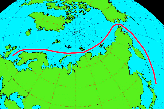 A map showing the potential new route through the Arctic Ocean for cargo ships known as the Northern Sea Route. The route could be viable as soon as 2050, according to some predictions of sea ice melting, and would offer a quicker trip between Europe and East Asia than the current route through the Suez Canal. (Public Domain Image via Wikimedia Commons)