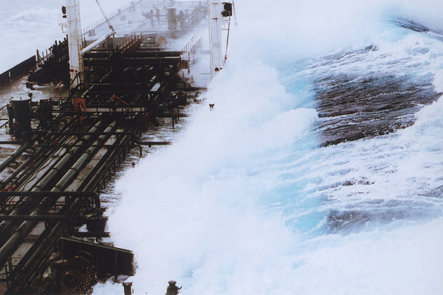 A 60-foot rogue wave hits the tanker Overseas Chicago as it was headed south from Valdez, Alaska in 1993. The ship was running in 25-foot seas when the monster wave hit on its starboard side. (Photo: Captain Roger Wilson via NOAA)