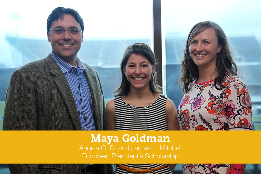 Maya Goldman, center, with Jimmy and Angela Mitchell. Goldman received the endowed scholarship the couple created. Jimmy Mitchell earned his civil engineering degree at Georgia Tech in 2005, and Angela Mitchell graduated in 2004 with a degree in textiles. (Photo: Mariah Austin)