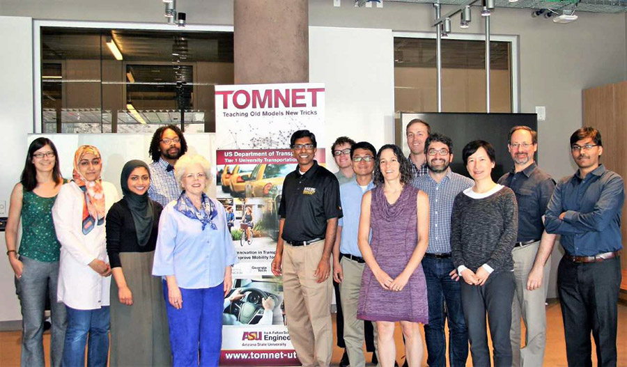 Shaw, third from left, and Pappas Professor Patricia Mokhtarian at the Center for Teaching Old Models New Tricks annual meeting in May 2018. The U.S. Department of Transportation-funded center is a collaboration between Arizona State University, Georgia Tech, the University of South Florida and the University of Washington. Mokhtarian serves as the center’s director of research. (Photo Courtesy: Atiyya Shaw)