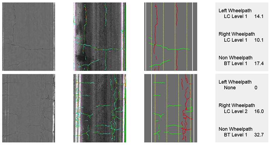 The crack-detection process, showing the raw 3-D image data first, the automatic crack-detection map, and last classifying cracks by severity and type.