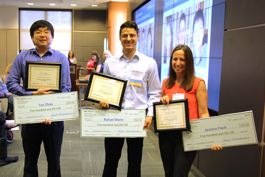 Ph.D. student Tuo Zhao, left, with is Institute-wide Graduate TA Award at a Center for Teaching and Learning awards ceremony this spring. Zhao is with Rafael Marin and Jessica Fisch, who also won the top teaching awards for graduate students in 2019. (Photo Courtesy: Center for Teaching and Learning)