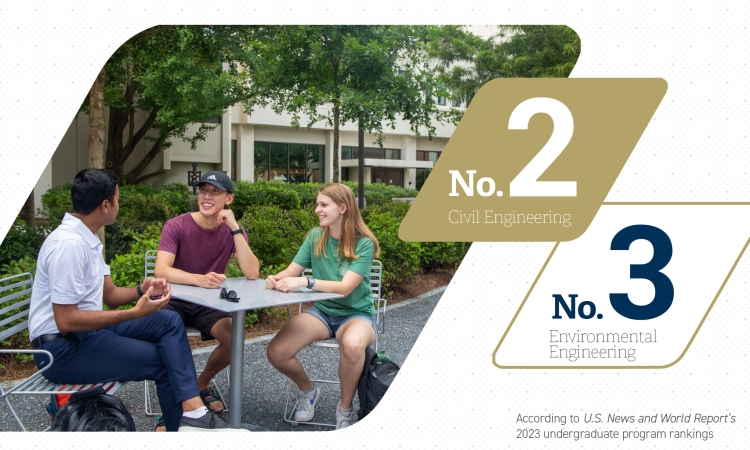 An image of three people talking at an outdoor table. A graphic that says No. 2 Civil Engineering and No. 3 Environmental Engineering.