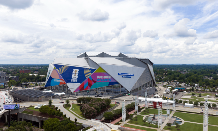 A soccer stadium decorated for the world cup 