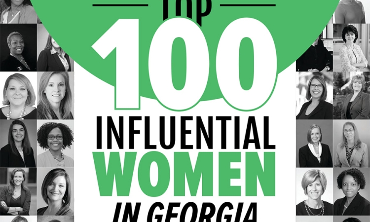 Top 100 Influential Women in Georgia graphic from Engineering Georgia magazine, including headshots of many of the women on the list.