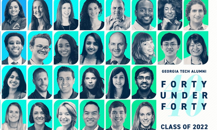 A group of headshots on green and blue backgrounds and the logo for the Georgia Tech Alumni 40 Under 40 Class of 2022
