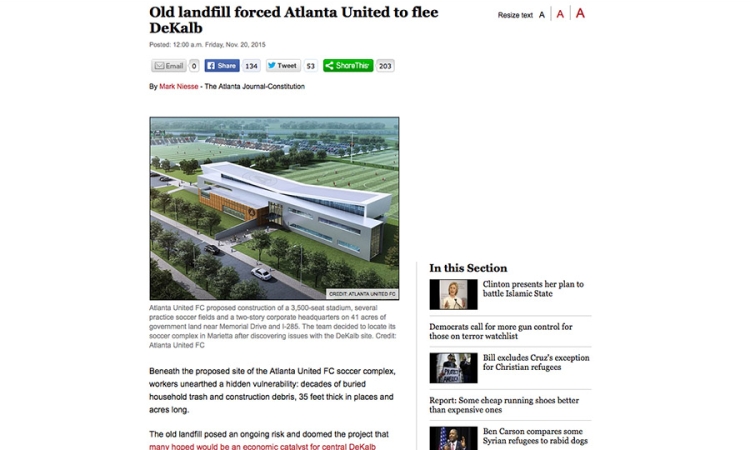 AJC screen shot: Old landfill forced Atlanta United to flee DeKalb