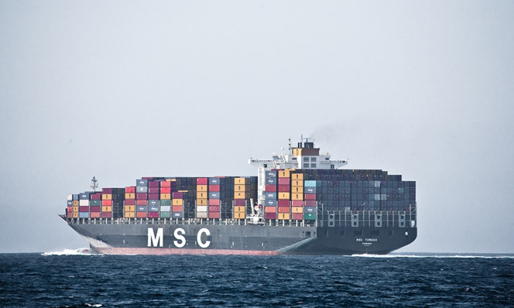 Cargo ship loaded with freight containers at sea with a muted, gray sky. (Photo Courtesy: Mike Baird via Flickr)