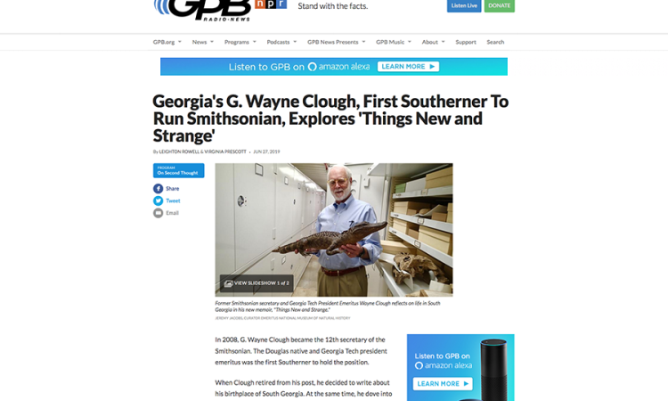 Screenshot of GPB story about G. Wayne Clough's new book, "Things Strange and New: A Southerner’s Journey through the Smithsonian Collections."