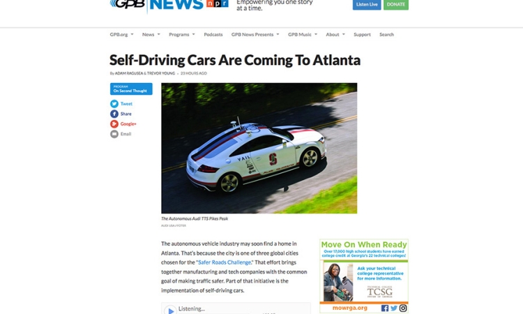 Screenshot of GPB web page featuring the March 16 segment on self-driving cars that included Michael Hunter.