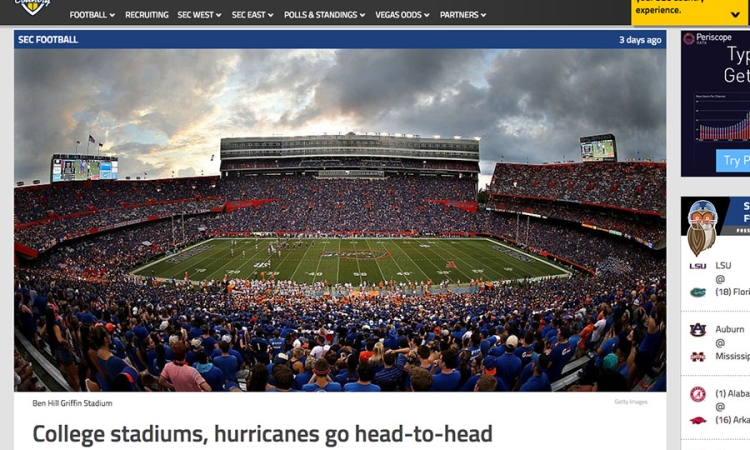 SEC Country website screen shot of a story looking at the effects of major hurricanes on college football stadiums.