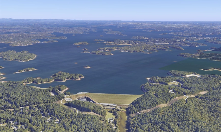 Google Earth view of Lake Lanier from Buford Dam. Gwinnett County is to the right of the dam. (Image Courtesy: Google, Landsat/Copernicus)