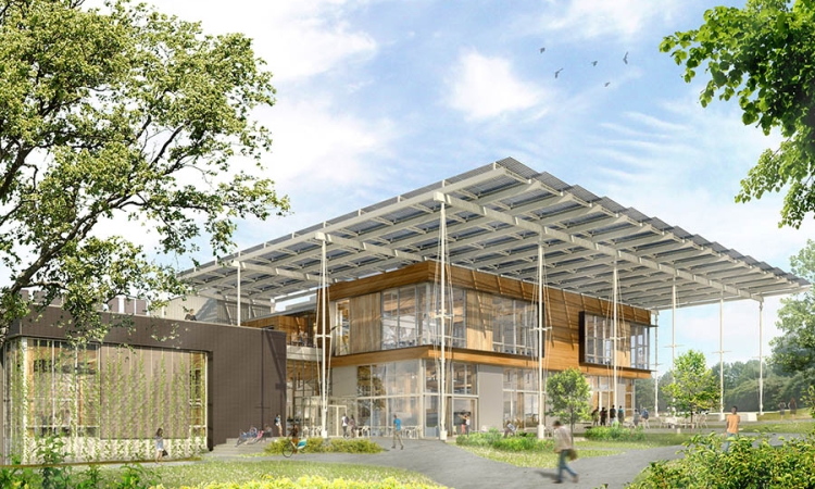 The Living Building from the northwest, showing the building's "porch" opening to the Eco-Commons to the west. (Image Courtesy: The Miller Hull Partnership and Lord Aeck Sargent)