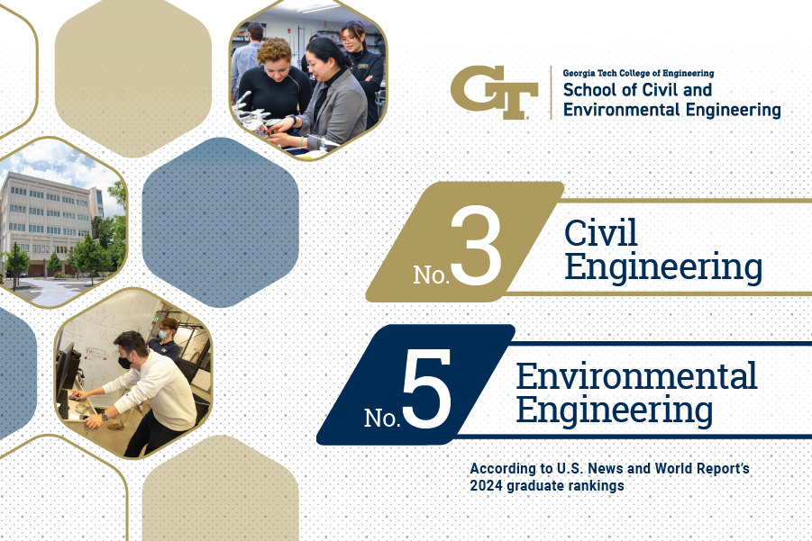 A graphic featuring blue and gold hexagons and photos of students. Text reads No. 3 Civil Engineering and No. 5 Environmental Engineering According to U.S. News and World Report's 2024 graduate rankings