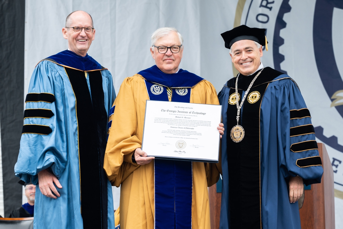 Left to right: GT Provost Steve McLaughlin, Mike Messner, GT President Ángel Cabrera