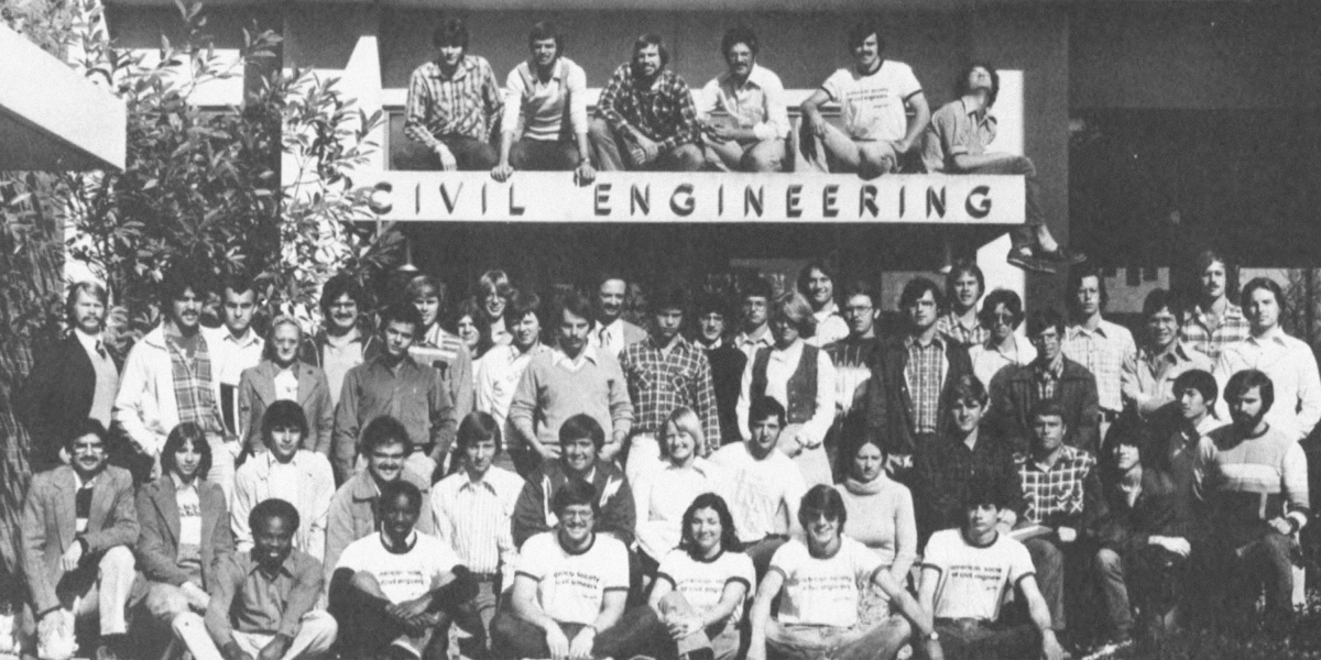 A group posing at the civil engineering building 