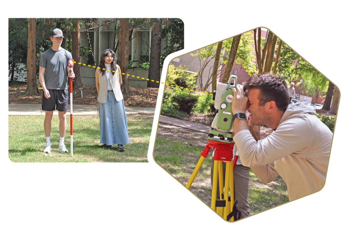 Picture of male student and female student holding survey stick on the left with a male student sighting through a Leica Total Station in an octagon on the right.