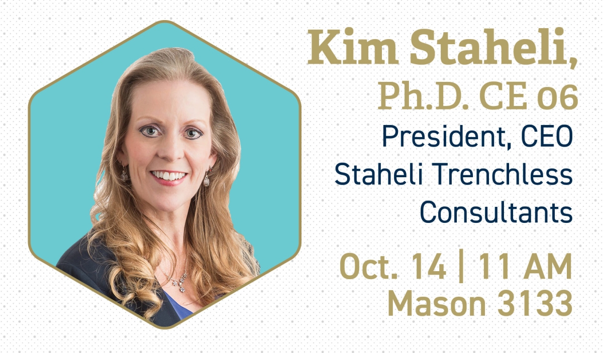 A Banner featuring Kim Staheli, PhD 06, President and CEO Staheli Trechless Conultants