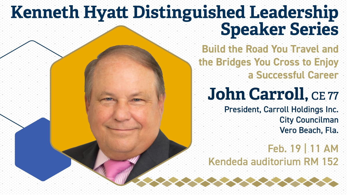 A flyer with a portrait of John Carroll advertising his Hyatt Lecture on February 19 at the Kendeda Building Rm 152 at 11 am