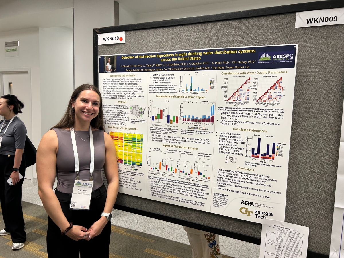 Samantha DiLoreto standing in front of a poster for a project at a competition.